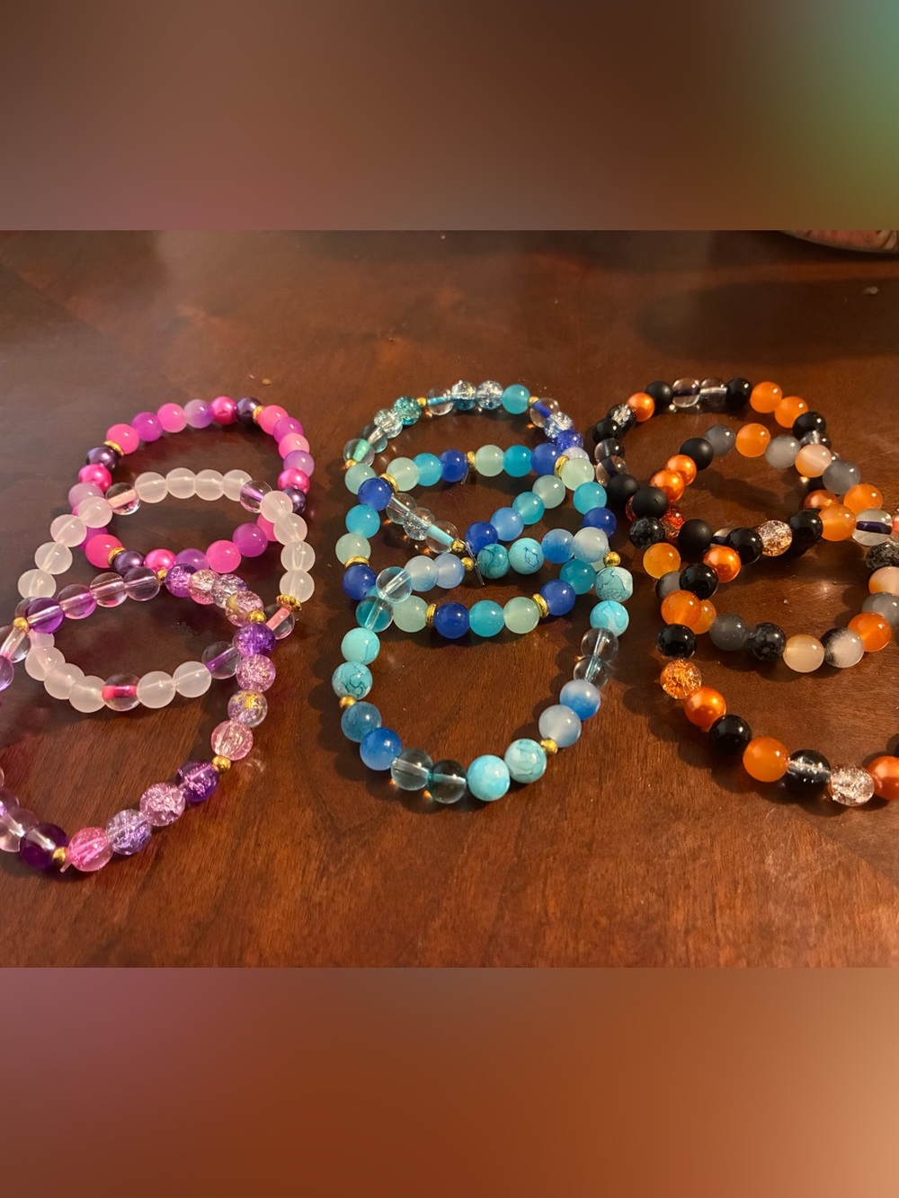 Handmade Beaded Stretch Bracelet Set - Pink, Blue, Orange